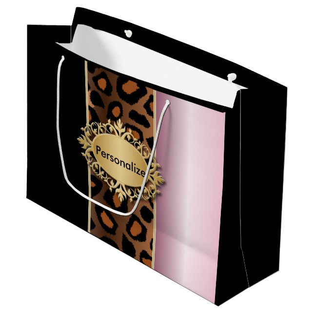 Pink, Black and Leopard Animal Print Large Gift Bag (Front Angled)