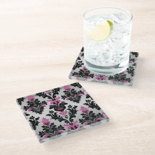 Pink, Black and Silver Damask Style Glass Coaster