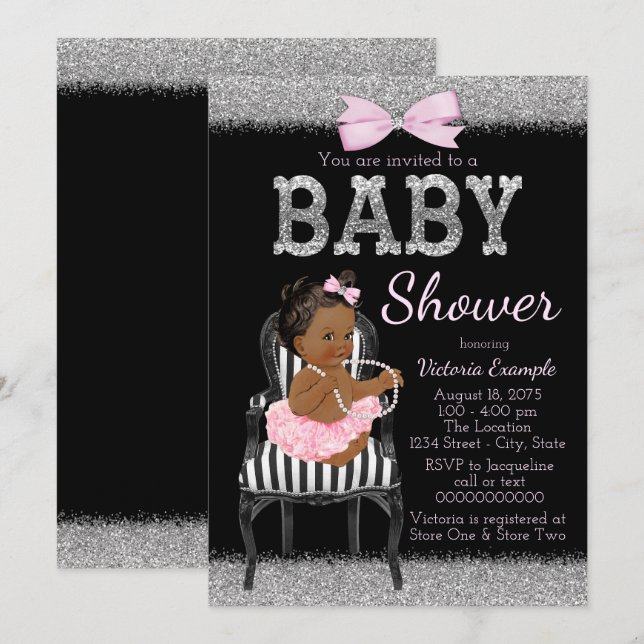 Pink Black and Silver Ethnic Girl Baby Shower Invitation (Front/Back)