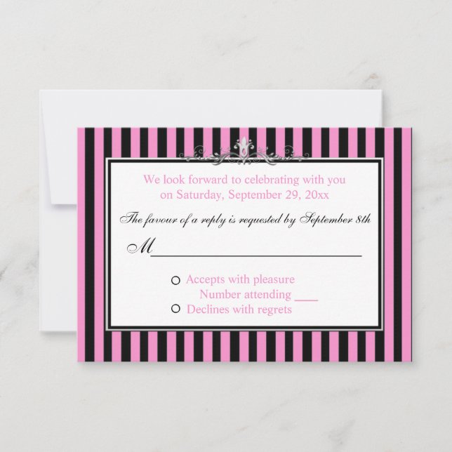 Pink, Black, and Silver Striped Scroll Reply Card (Front)