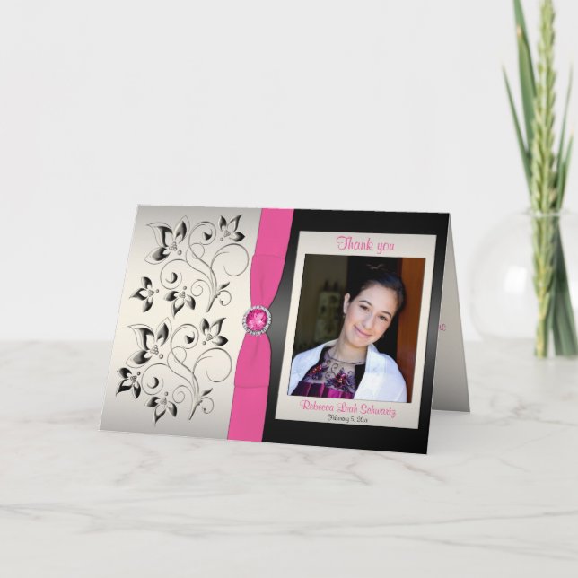 Pink, Black and Silver Thank You Card with Photo (Front)