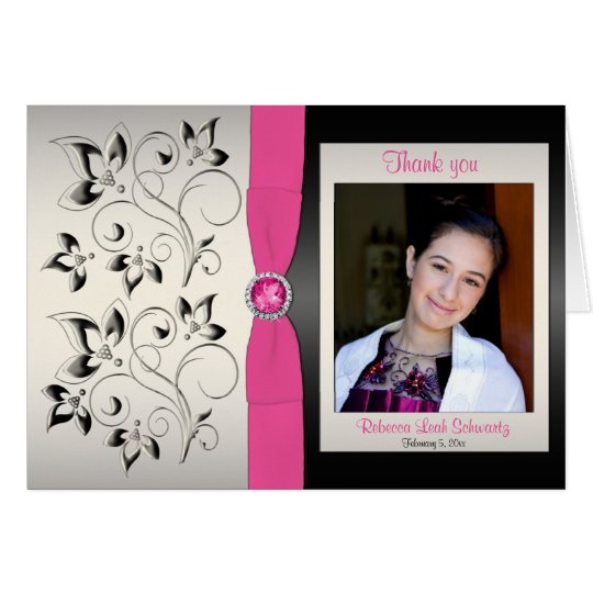Pink, Black and Silver Thank You Card with Photo