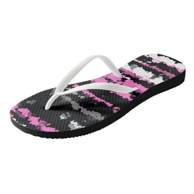 pink black and white abstract flip flops (Angled)