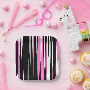 Pink Black and White Abstract Paper Plate