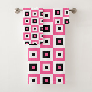Pink Black and White Checkered Squares Pattern Bath Towel Set