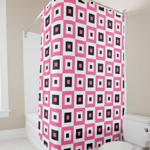 Pink Black and White Checkered Squares Pattern Shower Curtain