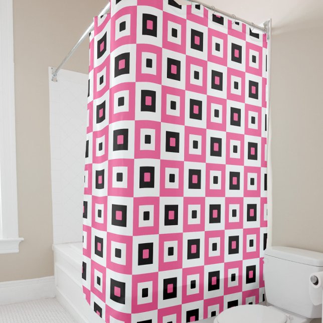 Pink Black and White Checkered Squares Pattern Shower Curtain (Creator Uploaded)