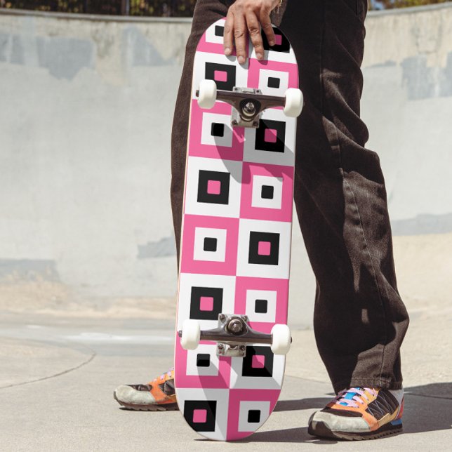 Pink Black and White Checkered Squares Pattern Skateboard (Creator Uploaded)