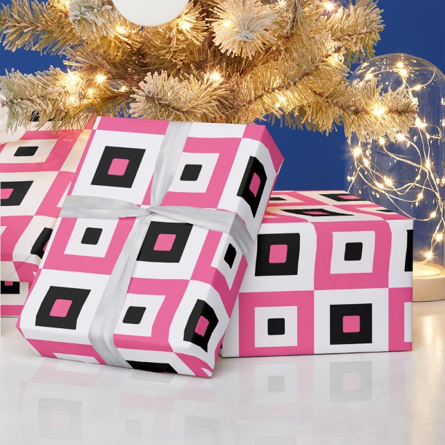 Pink Black and White Checkered Squares Pattern Wrapping Paper (Creator Uploaded)