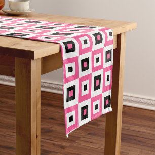 Pink Black and White Chequered Squares Pattern Short Table Runner