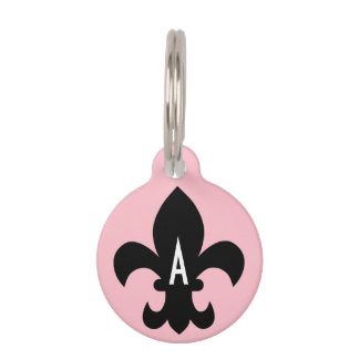 Pink Black and White Fleur de Lis Monogram Pet Tag