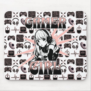 Pink, Black and White Gamer Girl  Mouse Mat