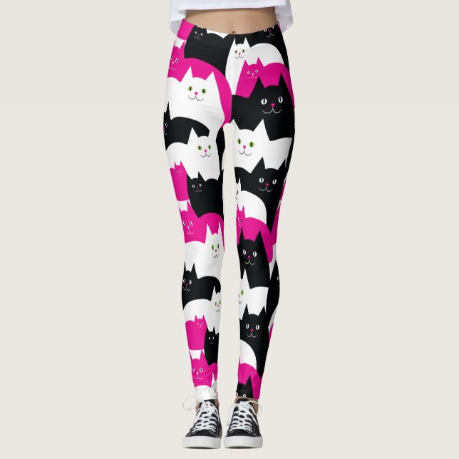 Pink Black and White Kitty Cats Leggings (Front)