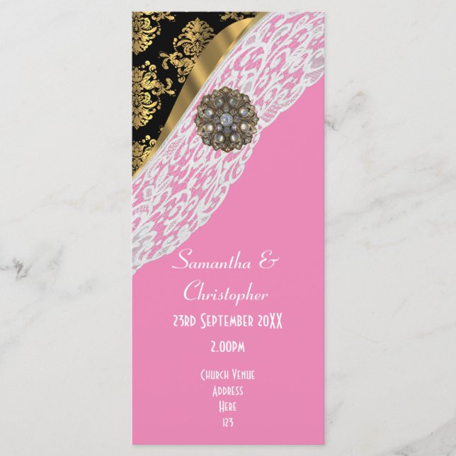 Pink black and white lace church wedding program programme (Front)