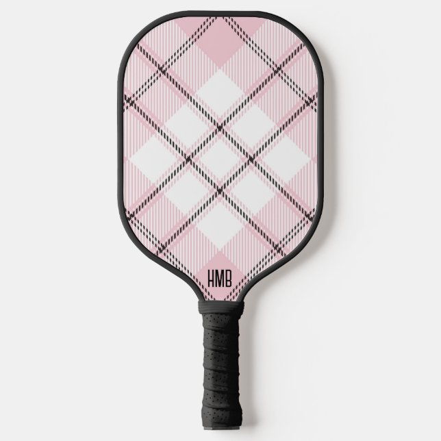 Pink Black and White Plaid Personalised Pickleball Paddle (Front)
