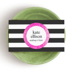 Pink   Black and White Striped Beauty Business Card