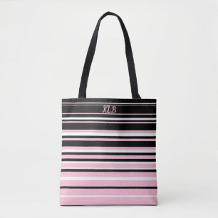 Pink, Black and White Stripes Monogrammed  Tote Bag