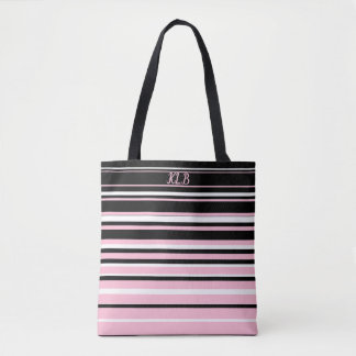 Pink, Black and White Stripes Monogrammed  Tote Bag