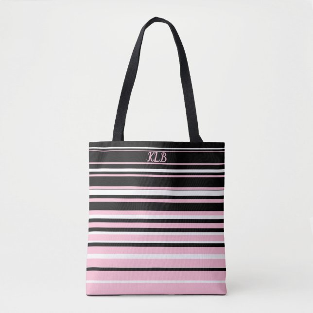 Pink, Black and White Stripes Monogrammed  Tote Bag (Front)