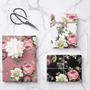 Pink, black and White Vintage Rose Floral Patterns Wrapping Paper Sheet