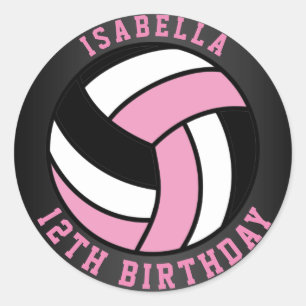 Pink, Black and White Volleyball Birthday Classic Round Sticker