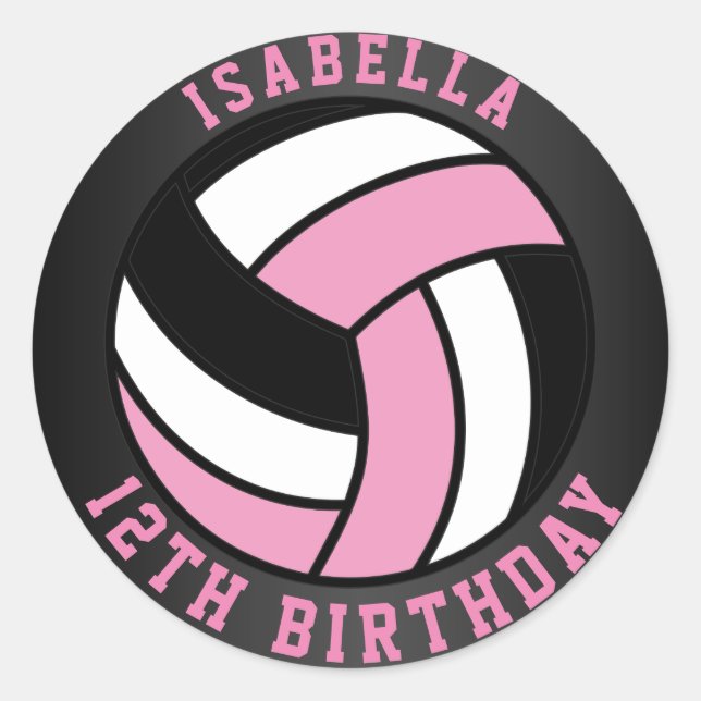 Pink, Black and White Volleyball Birthday Classic Round Sticker (Front)