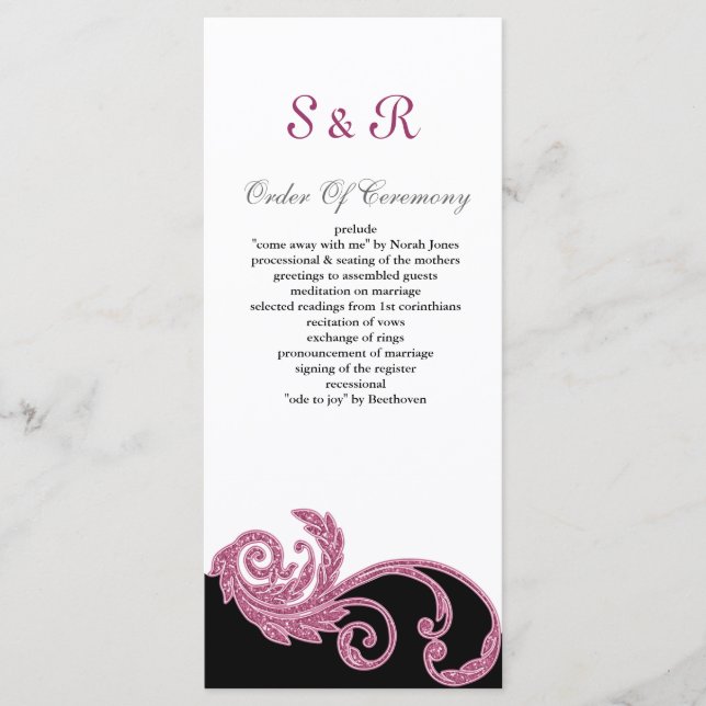 Pink,black and white Wedding program Programme (Front)