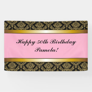 Pink Black Any Age Gold Damask Birthday Banner