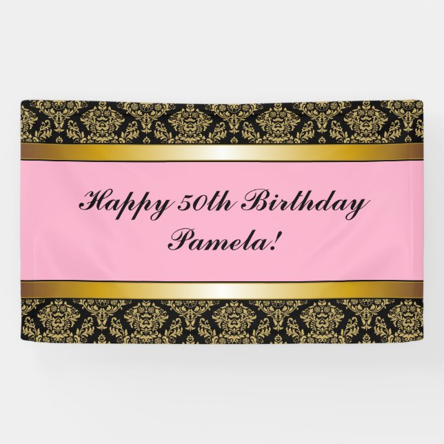 Pink Black Any Age Gold Damask Birthday Banner (Horizontal)