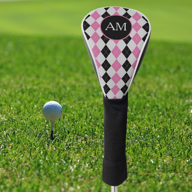 Pink Black Argyle Pattern Monogram Golf Head Cover (Creator Uploaded)