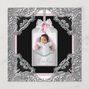 Pink Black Baby Girl Photo Birth Announcement
