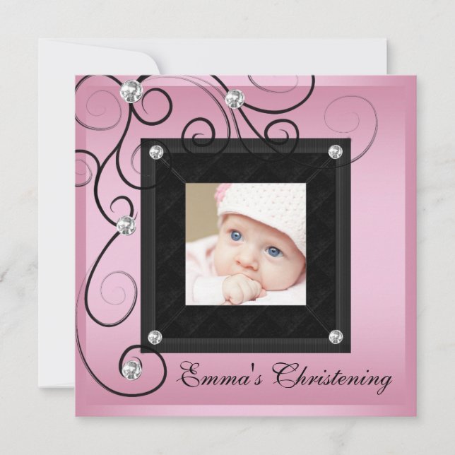 Pink Black Baby Girl Photo Christening Invitations (Front)