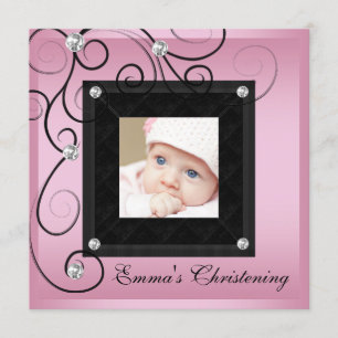 Pink Black Baby Girl Photo Christening Invitations