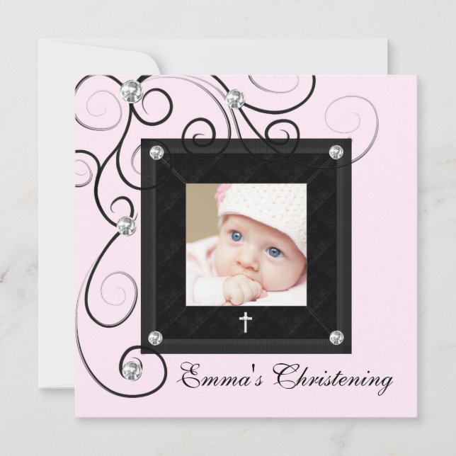 Pink Black Baby Girl Photo Christening Invitations (Front)