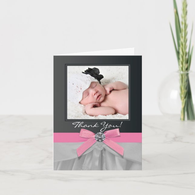 Pink Black Baby Photo Thank You Cards (Front)