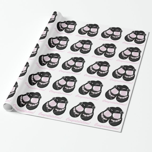 Pink Black Baby Shoes Baby Shower Wrapping Paper (Unrolled)