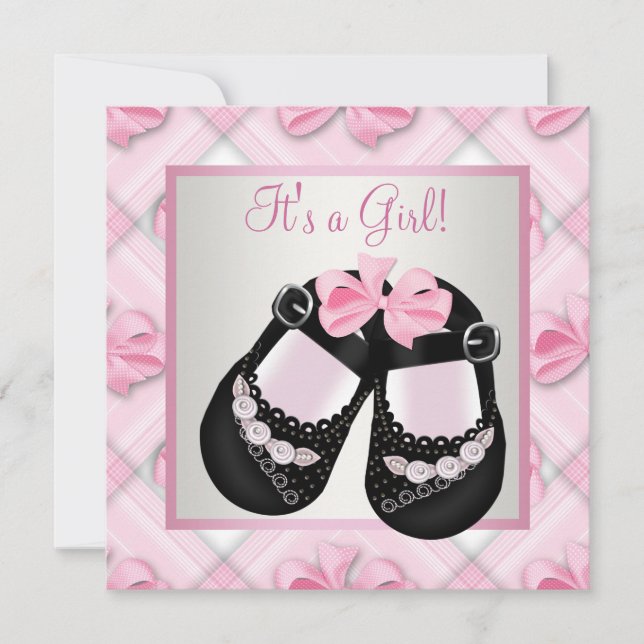 Pink Black Baby Shoes Pink Black Baby Girl Shower Invitation (Front)