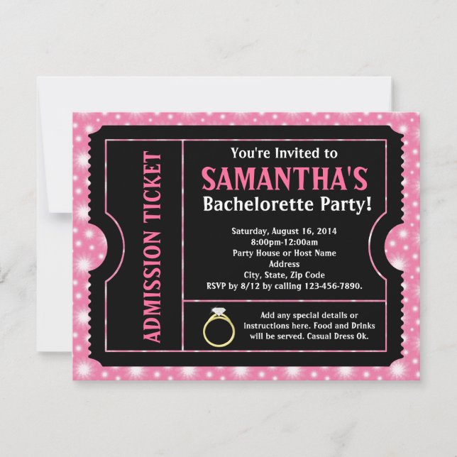 Pink/ Black Bachelorette Party Ticket Invitation (Front)