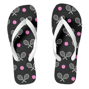 Pink & Black Ball Racket Athletic Pattern Tennis Flip Flops
