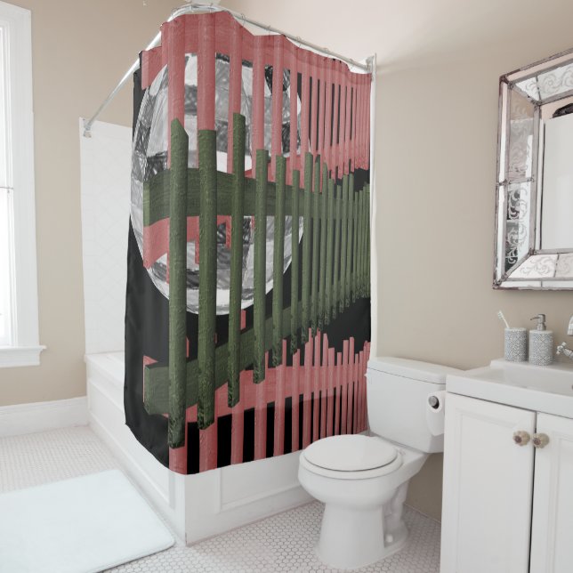 Pink black ball showercurtain fence shower curtain (In Situ)