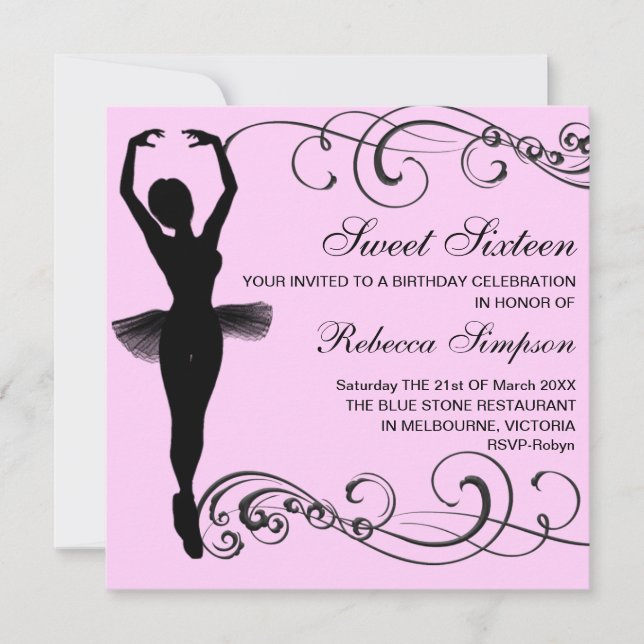 Pink & Black Ballerina & Swirl Birthday Invitation (Front)