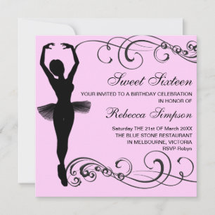Pink & Black Ballerina & Swirl Birthday Invitation