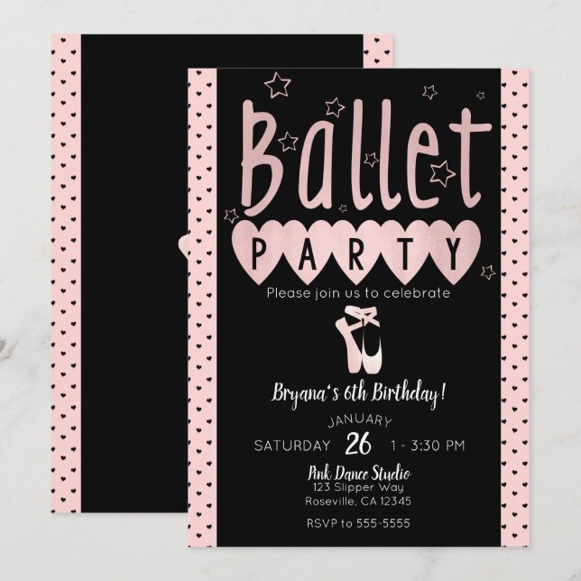 Pink & Black Ballet Ballerina Chic Birthday Party Invitation (Front/Back)