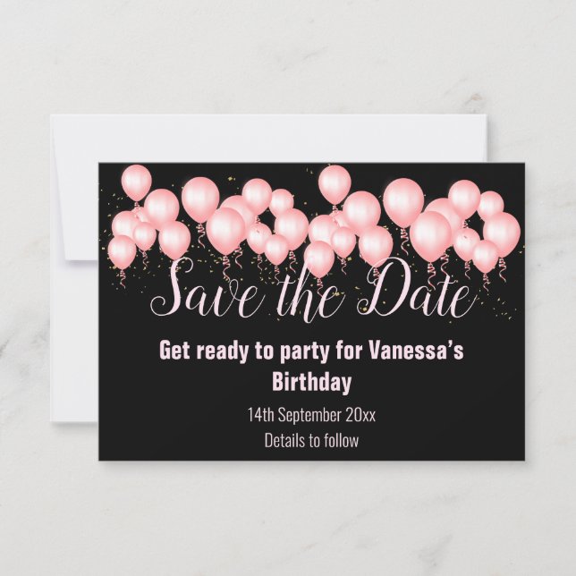 PINK BLACK BALLOON SAVE THE DATE RSVP CARD (Front)