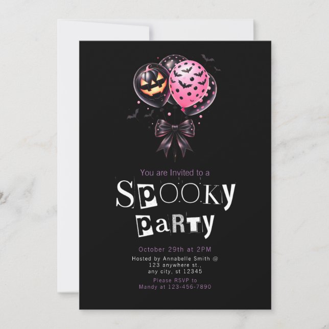 Pink Black Balloons Modern Minimalist Halloween Invitation (Front)