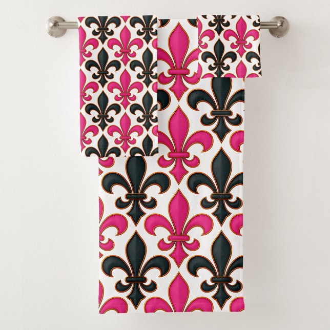 Pink Black Baroque Fleur-de-lis Pattern Design  Bath Towel Set (Creator Uploaded)