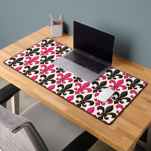 Pink Black Baroque Fleur-de-lis Pattern Design Desk Mat