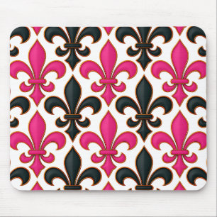 Pink Black Baroque Fleur-de-lis Pattern Design Mouse Mat