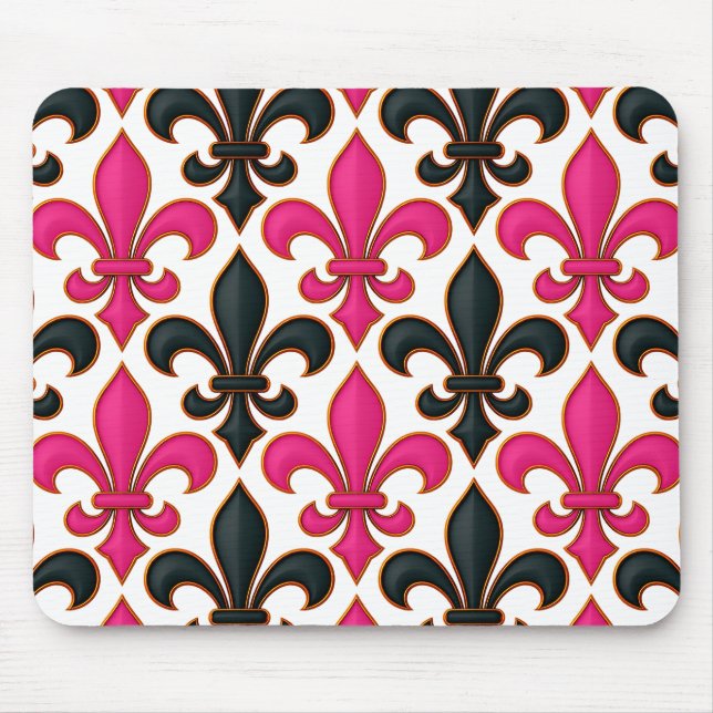Pink Black Baroque Fleur-de-lis Pattern Design  Mouse Mat (Front)