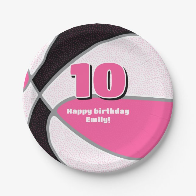 pink black basketball girls sports party paper plate (Front)